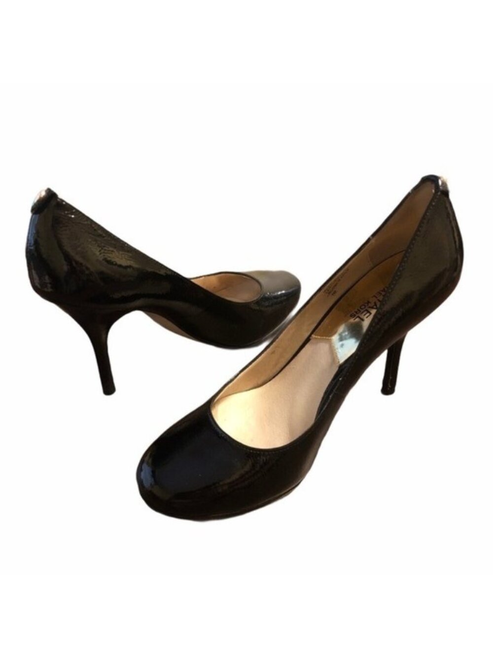 Michael Kors Black Patent Leather Stiletto Heels Round Toe Logo Size 7